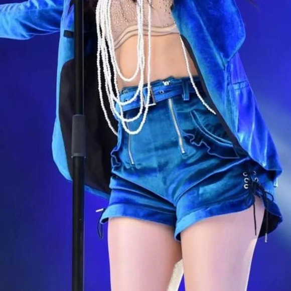 NWT  self-portrait Peacock Blue Double Zip Shorts Velvet Belt Size 2 US / 6 UK - Picture 10 of 11